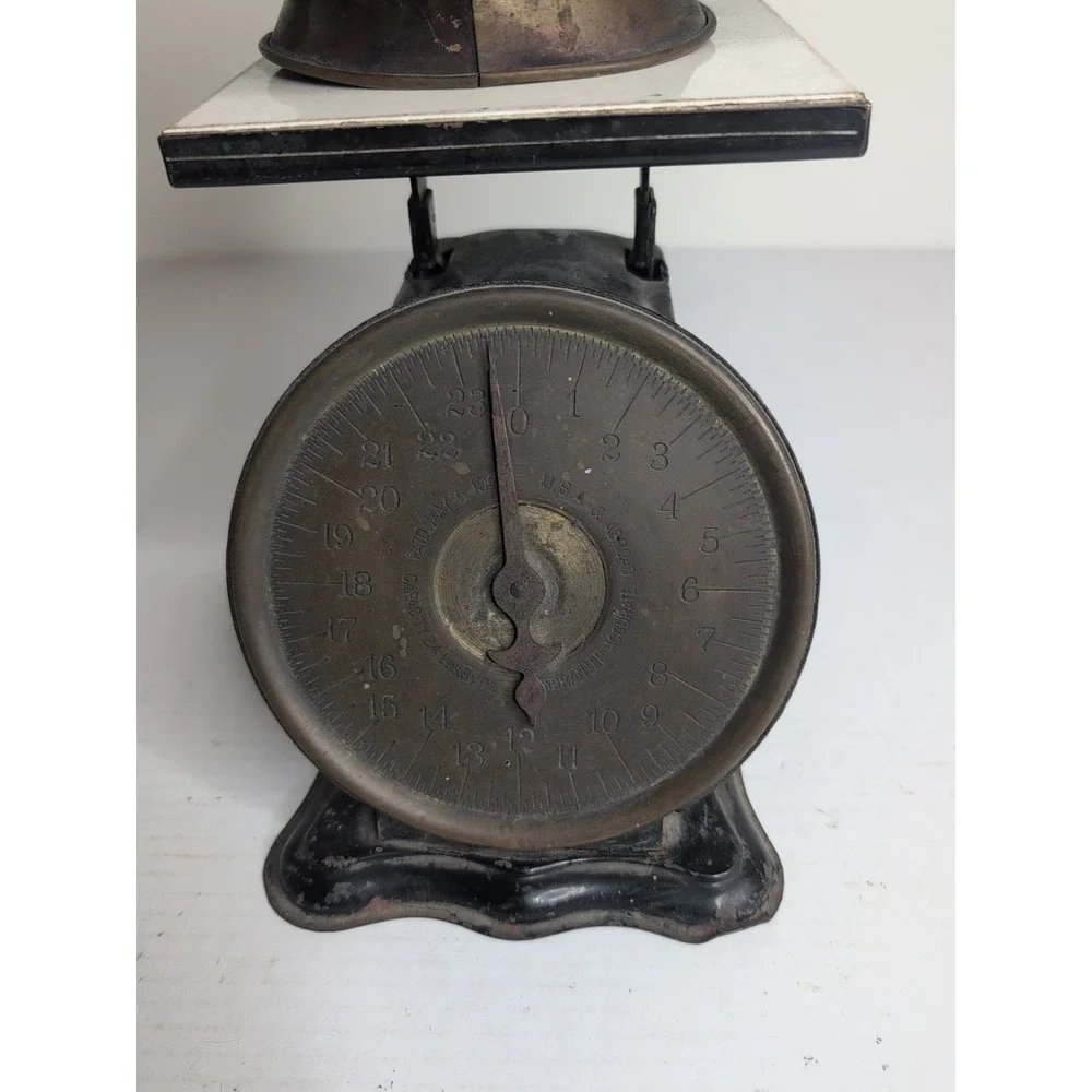 Antique Vtg 1906 Slanting Dial 24 Lb Balance Scale with Ceramic Top Brass Basket